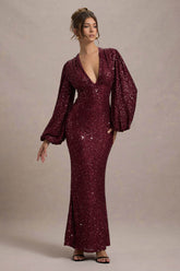 Berry Sequin Plunge-Neck Maxi Dress